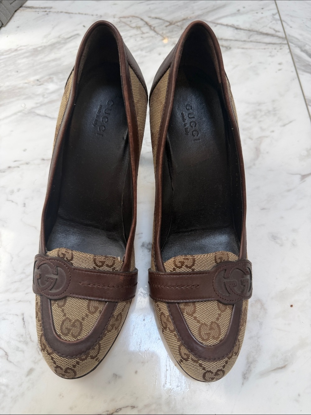 Gucci Brown GG Canvas and Chocolate Leather Heels